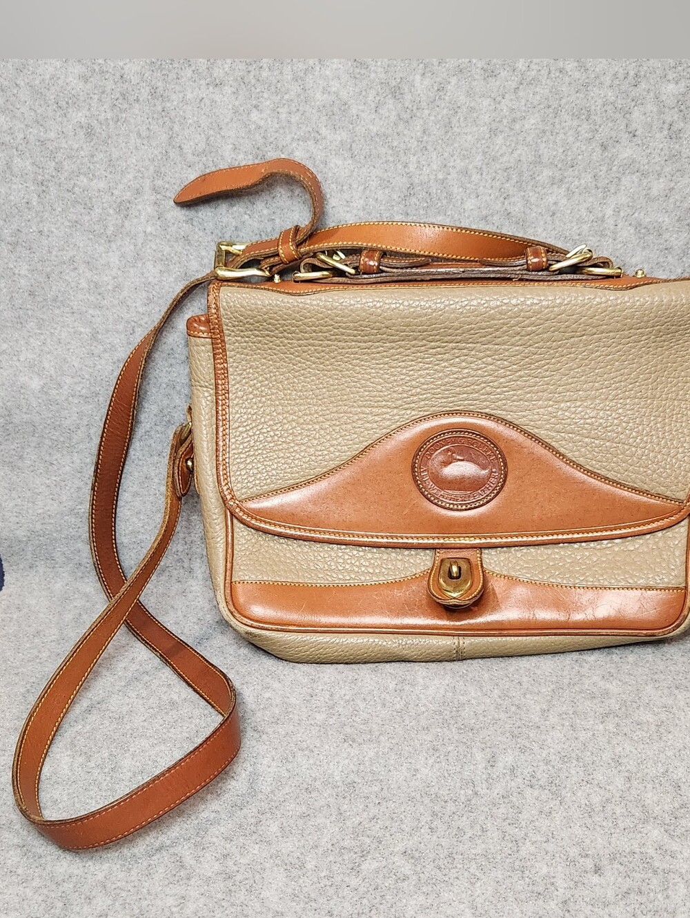 Vintage Dooney & Bourke Classic Bag Crossbody Taupe & Tan AWL Brass Hardware